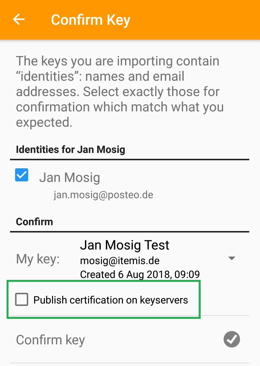 OpenKeychain key confirmation by comparing key fingerprints – second screen