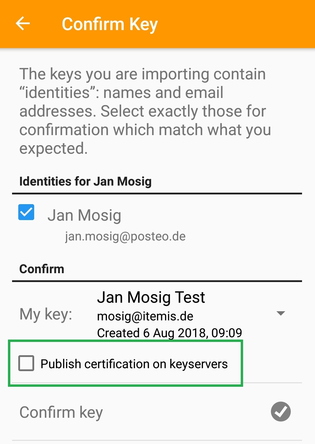 OpenKeychain key confirmation by comparing key fingerprints – second screen