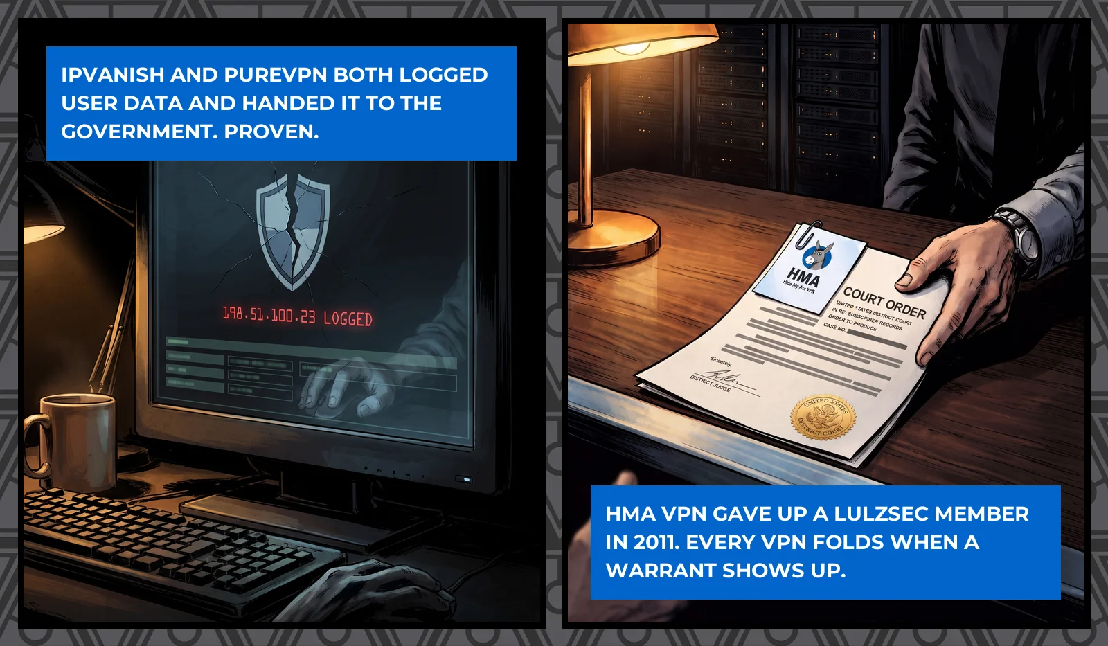 A monitor showing a broken shield icon above a logged IP address, and a hand sliding a court order across a desk beside a VPN provider's letterhead.