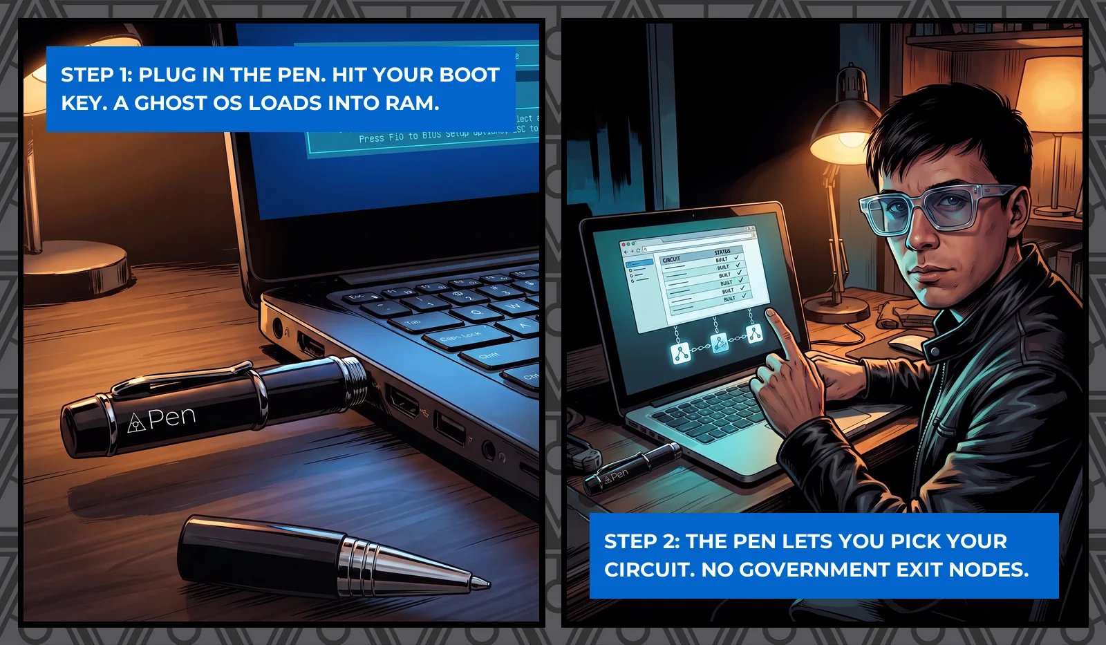 A Zero Trace Pen beside a laptop showing a boot menu, and a man selecting his Tor circuit relays on the same laptop.