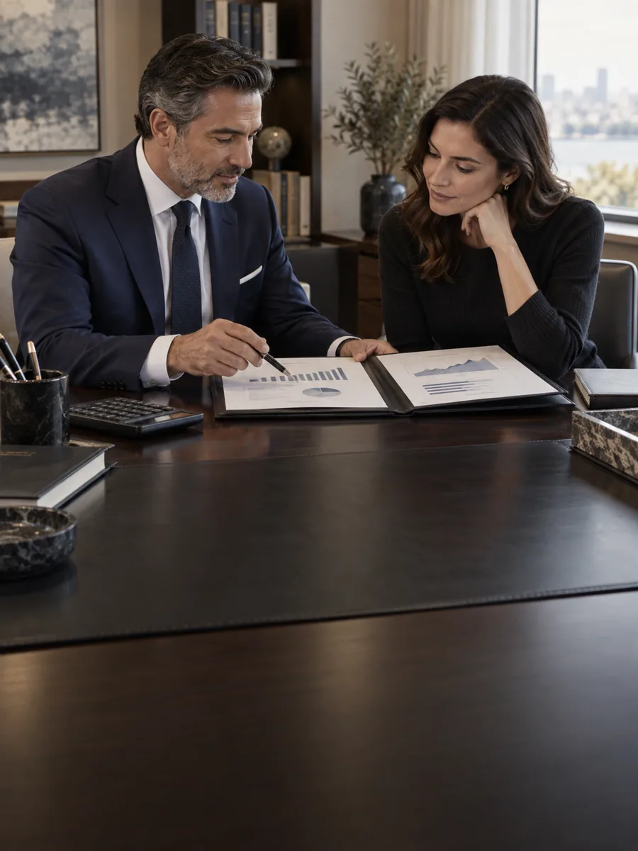Wealth advisor and client reviewing a portfolio in a private office